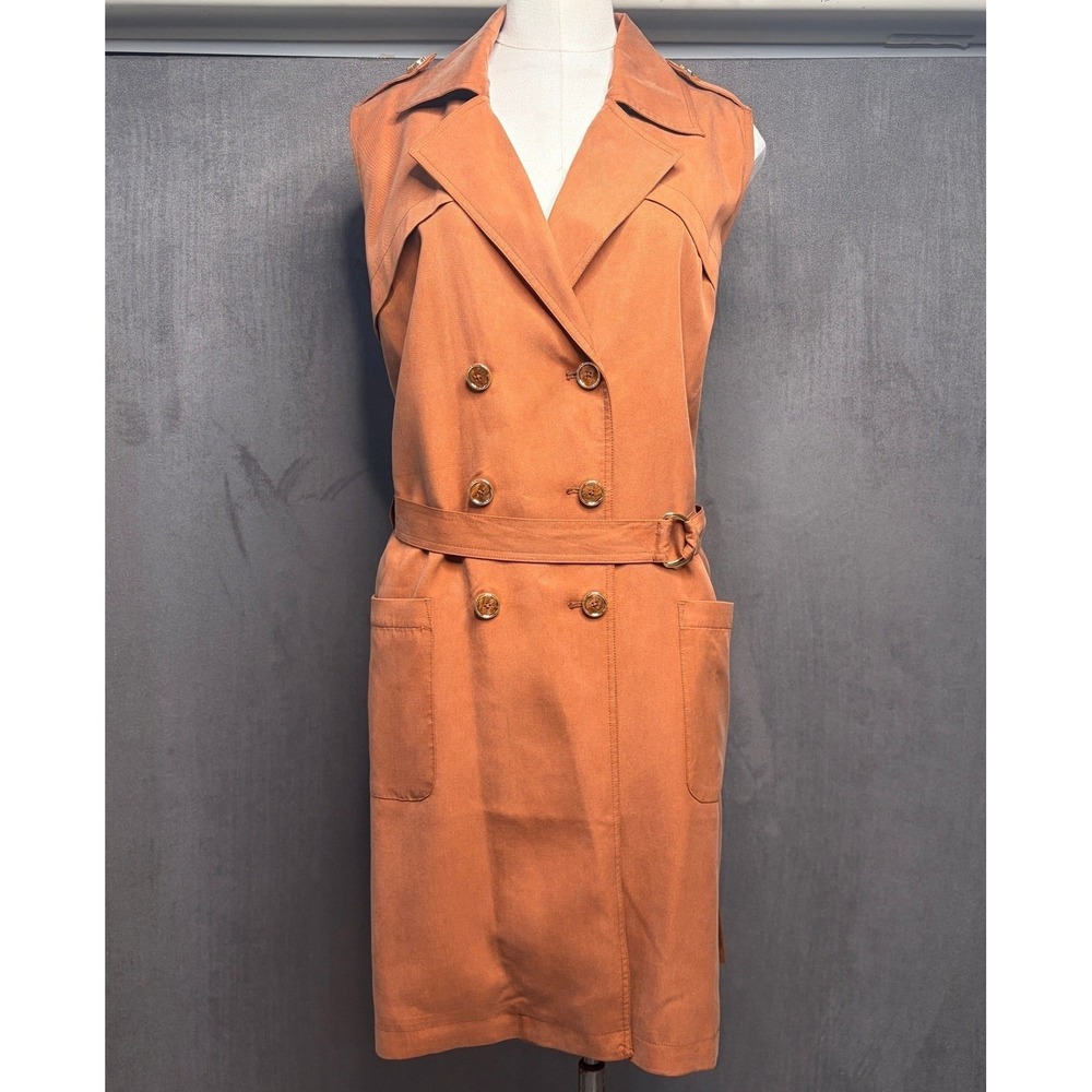 Chico's Trench Dress Womens 12 (2) Rust Tencel Double Breasted Belted Sleeveless